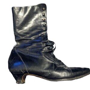 Antique, vintage black boots - Size 38 - Lace up pointed toe calf boots